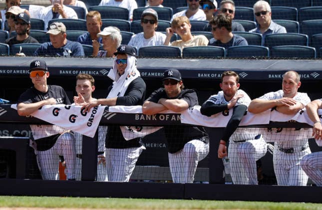 New York Yankees players watch the game from the dugout in the 4th inning against the Cleveland Guardians at Yankee Stadium on Thursday, June 4, 2026 in New York City. The Yankees defeated the Guardians 2-1.  NYP20260604105 JOHNxANGELILLO