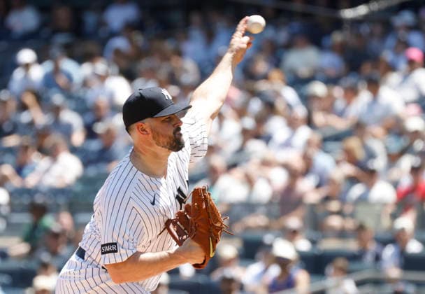 New York Yankees Starting Pitcher Carlos Rodon throws a pitch in the first inning against the Cleveland Guardians at Yankee Stadium on Thursday, June 4, 2026 in New York City. The Yankees defeated the Guardians 2-1.  NYP20260604113 JOHNxANGELILLO