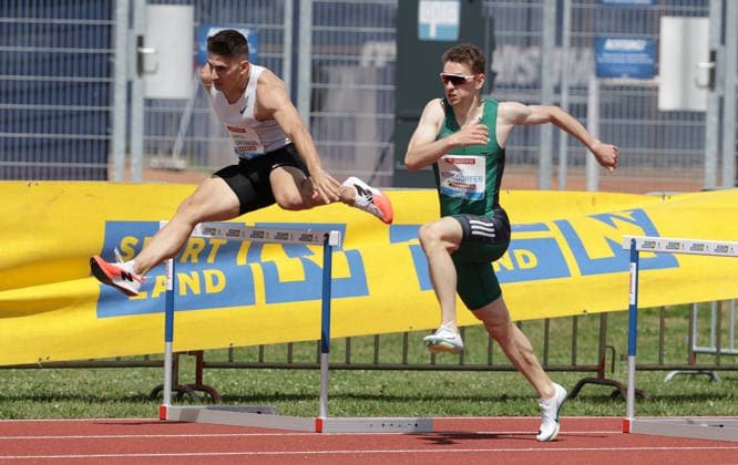 ATHLETICS - Liese Prokop Memorial ST. POELTEN,,04.JUN.26 - ATHLETICS - Liese Prokop Memorial, 400m hurdles, men. Image shows Dimitris Levantinos (GRE) and Leo Koehldorfer (AUT).  GEPAxpictures xWalterxLuger