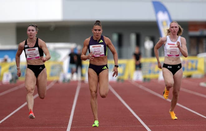 ATHLETICS - Liese Prokop Memorial ST. POELTEN,,04.JUN.26 - ATHLETICS - Liese Prokop Memorial, 100m, women. Image Shows Isabel Posch (AUT), Rebekka Haase (GER) and Christiane Krifka (AUT).  GEPAxpictures xWalterxLuger
