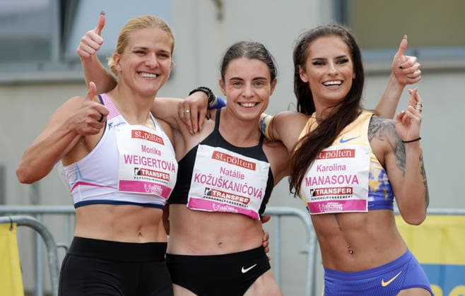 ATHLETICS - Liese Prokop Memorial ST. POELTEN,,04.JUN.26 - ATHLETICS - Liese Prokop Memorial, 100m, women. Image shows Monika Weigertova (SVK), Natalie Kozuskanicova and Karolina Manasova (CZE).  GEPAxpictures xWalterxLuger