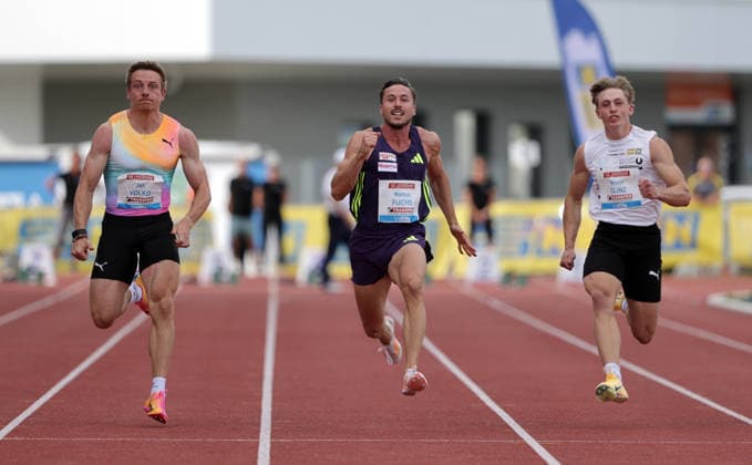 ATHLETICS - Liese Prokop Memorial ST. POELTEN,,04.JUN.26 - ATHLETICS - Liese Prokop Memorial, 100m, men. Image shows Jan Volko (SVK), Markus Fuchs and Marco Glinz (AUT).  GEPAxpictures xWalterxLuger