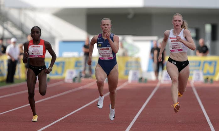 ATHLETICS - Liese Prokop Memorial ST. POELTEN,,04.JUN.26 - ATHLETICS - Liese Prokop Memorial, 100m, women. Image shows Sandra Eigner (AUT), Lenka Kovacovicova (SVK) and Christiane Krifka (AUT).  GEPAxpictures xWalterxLuger