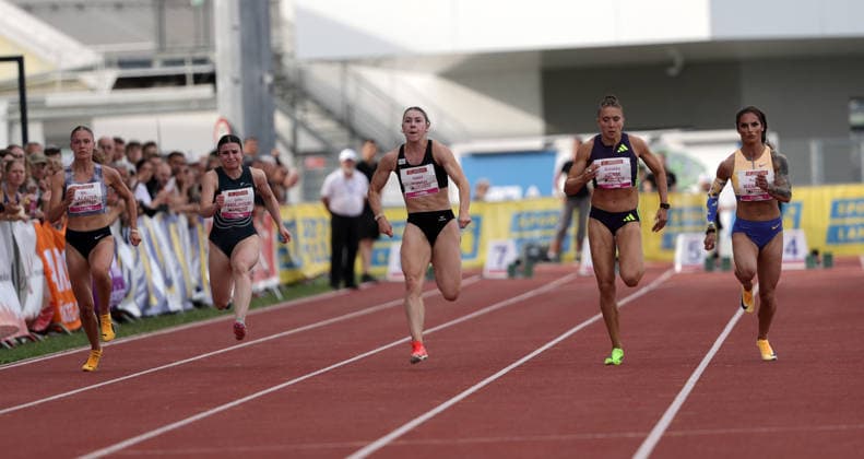 ATHLETICS - Liese Prokop Memorial ST. POELTEN,,04.JUN.26 - ATHLETICS - Liese Prokop Memorial, 100m, women. Image shows Mia Plackova(CZE), Delia Farajpour (SVK), Isabel Posch (AUT), Rebekka Haase (GER) and Karolina Manasova (CZE).  GEPAxpictures xWalterxLuger