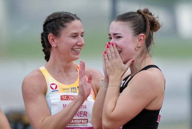 ATHLETICS - Liese Prokop Memorial ST. POELTEN,,04.JUN.26 - ATHLETICS - Liese Prokop Memorial, 100m, women. Image shows the rejoicing of Magdalena Lindner and Isabel Posch (AUT).  GEPAxpictures xWalterxLuger