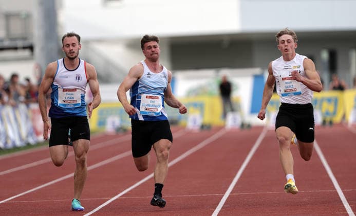 ATHLETICS - Liese Prokop Memorial ST. POELTEN,,04.JUN.26 - ATHLETICS - Liese Prokop Memorial, 100m, men. Image shows Tomas Lisak (CZE), Emil Schwaninger and Marco Glinz (AUT).  GEPAxpictures xWalterxLuger