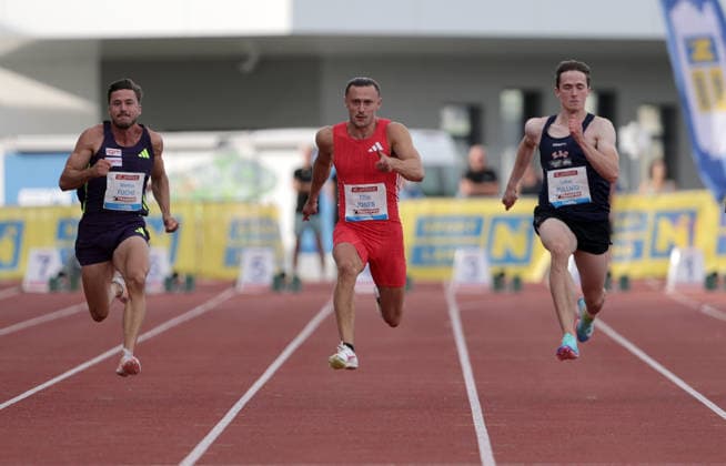 ATHLETICS - Liese Prokop Memorial ST. POELTEN,,04.JUN.26 - ATHLETICS - Liese Prokop Memorial, 100m, men. Image shows Markus Fuchs (AUT), Elliot Jones (GBR) and Lukas Pullnig (AUT).  GEPAxpictures xWalterxLuger