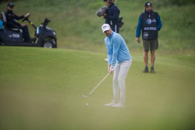AMSTERDAM, NETHERLANDS - JUNE 04: Mikael Lindberg of Sweden plays his second shot from the fairway of the 1st hole during the first round of the KLM Open at The International on June 4, 2026 in Amsterdam, Netherlands. Credit: Andy Astfalck NurPhoto Netherlands Copyright: xAndyxAstfalckx
