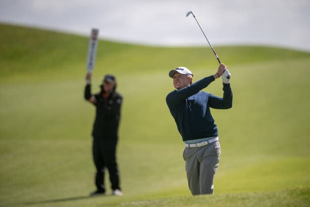 AMSTERDAM, NETHERLANDS - JUNE 04: Albin Bergstrom of Sweden plays his second shot from the fairway of the 3rd hole during the first round of the KLM Open at The International on June 4, 2026 in Amsterdam, Netherlands. Credit: Andy Astfalck NurPhoto Netherlands Copyright: xAndyxAstfalckx