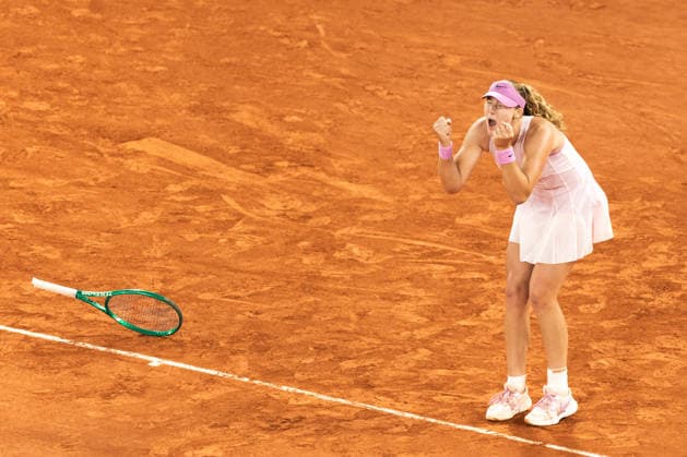 2026 French Open - Day Twelve Mirra Andreeva reacts after winning her women s singles semi-final match against Marta Kostyuk on day 12 of the French Open tennis tournament on Court Philippe Chatrier at the Roland-Garros Complex in Paris, France. Paris France  Copyright: xIbrahimxEzzatx originalFilename:ezzat-notitle260604_npY9r.jpg