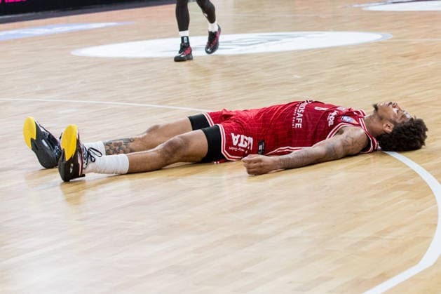 Bamberg, Germany 04 June 2026 1 BBL Playoff Semifinals 2025 2026 Sp 3 Bamberg Baskets vs Alba Berlin In the picture Demarcus Demonia Bamberg lies on the floor Brose Arena Bayern Copyright: xFotostandx xSchmittx