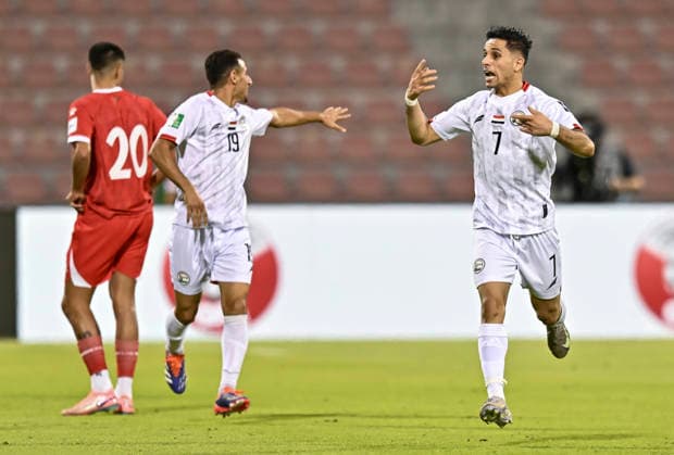 Lebanon v Yemen - AFC Asian Cup 2027 Qualifiers Nasser Al-Gahwashi (R) of Yemen celebrates after scoring a goal during the Asian Cup Saudi Arabia 2027 Qualifiers match between Lebanon and Yemen at Grand Hamad Stadium Stadium in Doha, Qatar, on June 4, 2026. DOHA Qatar Copyright: xNOUSHADx