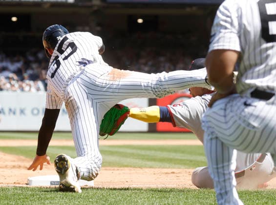 New York Yankees Cody Bellinger is tagged out at third base in the 4th inning against the Cleveland Guardians at Yankee Stadium on Thursday, June 4, 2026 in New York City. The Yankees defeated the Guardians 2-1.  NYP20260604101 JOHNxANGELILLO