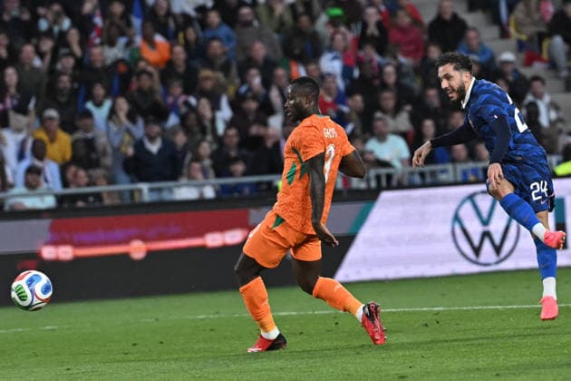 Friendly Match - France v Ivory Coast - FA French midfielder Rayan Cherki kicks the ball during the friendly football match between France and Ivory Coast at the Beaujoire stadium in Nantes on June 4, 2026. Photo by Firas Abdullah ABACAPRESS.COM Nantes Pays de la Loire France  Copyright: xAbdullahxFiras ABACAx