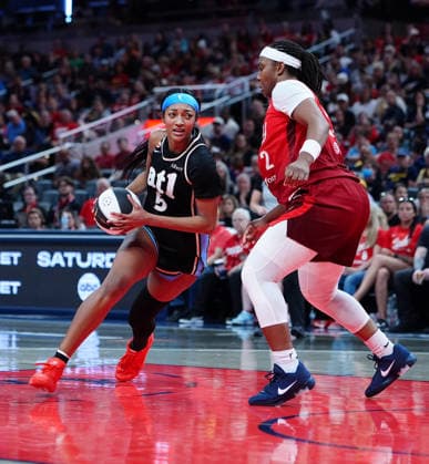 INDIANAPOLIS, IN - JUNE 04: Atlanta Dream center Angel Reese (5) drives to the basket against Indiana Fever forward Myisha Hines-Allen (2) on June 4, 2026, at Gainbridge Fieldhouse in Indianapolis, Indiana. (Photo by Brian Spurlock Icon Sportswire) WNBA, Basketball Damen, USA JUN 04 Atlanta Dream at Indiana Fever EDITORIAL USE ONLY Icon26060466