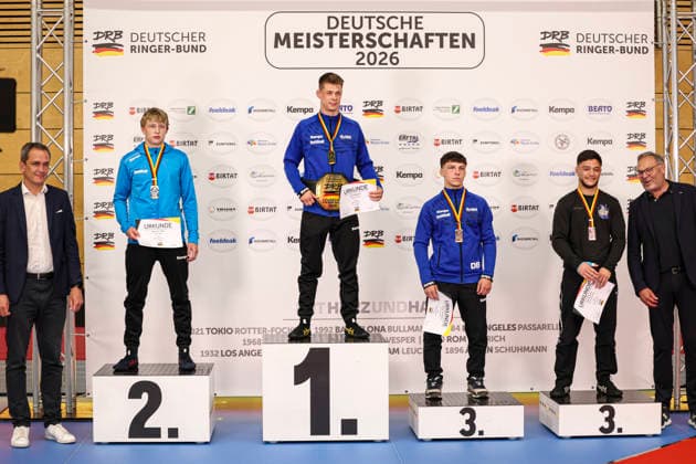 RINGEN German Championships 2026 65kg Podium Gold Nico Megerle SV Freiburg Haslach , Silver Dominic Thiel SC Isaria Unterföhring , Bronze Dario Fischietti SV Freiburg Haslach and Burak Demir Schorndorf