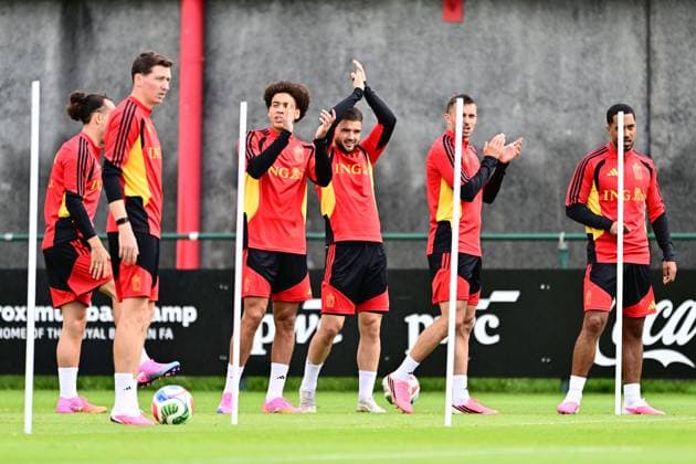 Belgian national football team - FIFA World Cup, WM, Weltmeisterschaft, Fussball 2026 - media activities 05 06 2026 TUBIZE, BELGIUM - JUNE 05 : Witsel Axel midfielder of Belgium, Raskin Nicolas midfielder of Belgium, Castagne Timothy defender of Belgium pictured during a training session at the training grounds of the Royal Belgian Football Association ahead of the FIFA World Cup 2026 on June 5, 2026 in Tubize, Belgium, 05 06 2026 Tubize Belgium  Copyright: xPeterxDexVoechtx