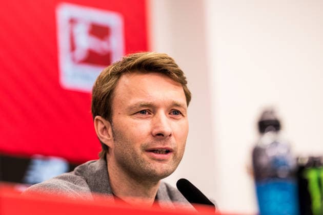 LEVERKUSEN, GERMANY - JUNE 05: Simon Rolfes (Director Sports, Bayer 04 Leverkusen) during the press conference, PK, Pressekonferenz to present Carles Martinez Novell (Head coach Bayer 04 Leverkusen) as the new Head Coach during a press conference at BayArena on June 05, 2026 in Leverkusen, Germany. North Rhine Westphalia Germany Copyright: xSteffiexWunderlx