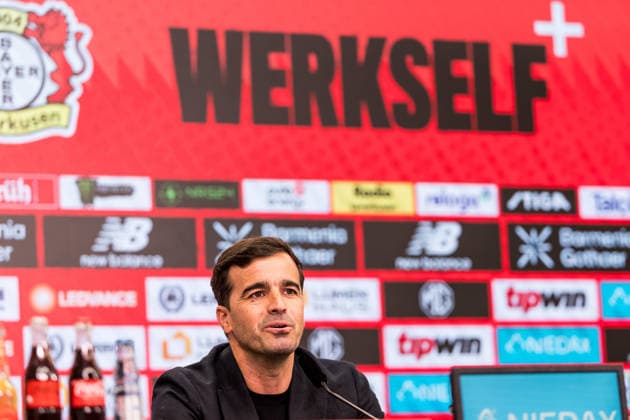LEVERKUSEN, GERMANY - JUNE 05: Carles Martinez Novell (Head coach Bayer 04 Leverkusen) is being presented as the new Head Coach during a press conference, PK, Pressekonferenz at BayArena on June 05, 2026 in Leverkusen, Germany. North Rhine Westphalia Germany Copyright: xSteffiexWunderlx