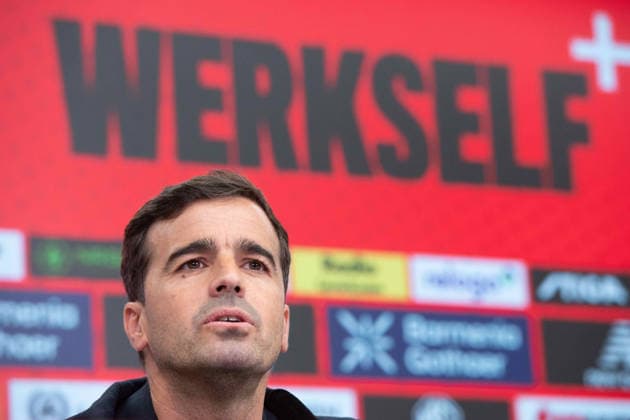Carles Martinez Novell, head coach, portrait, portrait, single picture, cropped single motif, presentation of Carles Martinez Novell as new coach of Bayer Leverkusen 05 06 2025 in the Bayarena Leverkusen, Â
