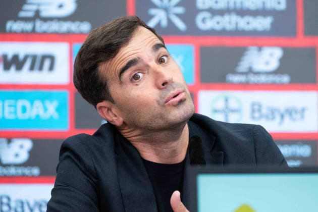 Carles Martinez Novell, head coach, portrait, portrait, single picture, cropped single motif, presentation of Carles Martinez Novell as new coach of Bayer Leverkusen 05 06 2025 in the Bayarena Leverkusen, Â