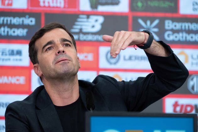 Carles Martinez Novell, head coach, portrait, portrait, single picture, cropped single motif, presentation of Carles Martinez Novell as new coach of Bayer Leverkusen 05 06 2025 in the Bayarena Leverkusen, Â