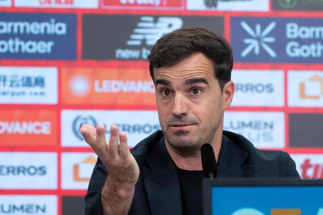 Carles Martinez Novell, head coach, portrait, portrait, single picture, cropped single motif, presentation of Carles Martinez Novell as new coach of Bayer Leverkusen 05 06 2025 in the Bayarena Leverkusen, Â