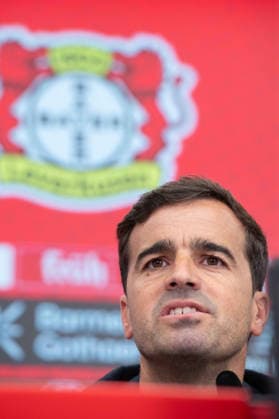Carles Martinez Novell, head coach, portrait, portrait, single picture, cropped single motif, presentation of Carles Martinez Novell as new coach of Bayer Leverkusen 05 06 2025 in the Bayarena Leverkusen, Â