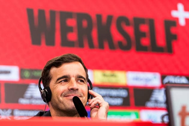 LEVERKUSEN, GERMANY - JUNE 05: Carles Martinez Novell (Head coach Bayer 04 Leverkusen) is being presented as the new Head Coach during a press conference, PK, Pressekonferenz at BayArena on June 05, 2026 in Leverkusen, Germany. North Rhine Westphalia Germany Copyright: xSteffiexWunderlx