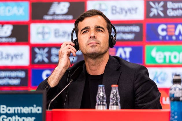 LEVERKUSEN, GERMANY - JUNE 05: Carles Martinez Novell (Head coach Bayer 04 Leverkusen) is being presented as the new Head Coach during a press conference, PK, Pressekonferenz at BayArena on June 05, 2026 in Leverkusen, Germany. North Rhine Westphalia Germany Copyright: xSteffiexWunderlx
