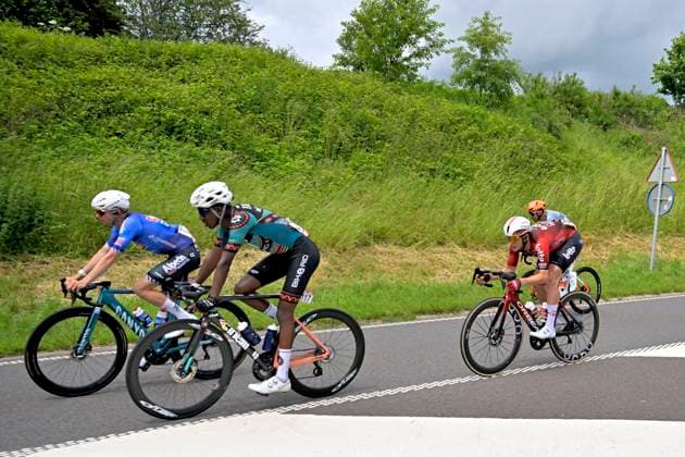 Tour de Wallonie 2026 Stage 5 AUBEL, BELGIUM - JUNE 05 : Yemane Even (ERI) of BIKE AID and Van De Putte Victor (BEL) of Lotto Intermarche during stage 5 of the 47th edition of Ethias Tour de Wallonie an UCI ProSeries 2.Pro cycling road race stage for Men Elite of 176.45 km with start in Bassenge and finish in Aubel on June 5, 2026 in Aubel, Belgium, 05 06 2026 ( Motordriver Pieter Van Herzele - Aubel Belgium  Copyright: xSesx