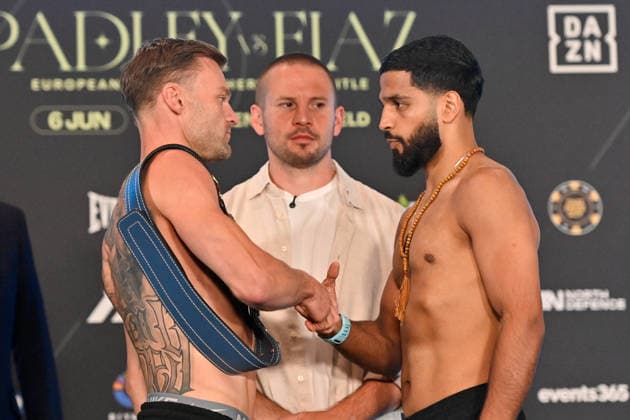 Josh Padley v Aqib Fiaz Weigh-In Josh Padley European Champion and Aqib Fiaz face off during the Josh Padley v Aqib Fiaz Weigh-In at the Millennium Gallery, Sheffield, England, United Kingdom on 5 June 2026 Credit: Connor McMain Every Second Media Editorial use only. All images are copyright Every Second Media Limited. No images may be reproduced without prior permission. Copyright: xIMAGO EveryxSecondxMediax ESM-2022-0035 ConnorxMcMainx xEveryxSecondxMediax