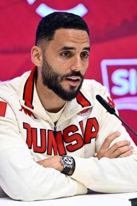 Tunisian Dylan Bronn pictured during a press conference, PK, Pressekonferenz of the Tunisian national soccer team, in Brussels, on Friday 05 June 2026. Tunisia is playing a friendly game against Belgian national soccer team Red Devils tomorrow, part of the preparations for the 2026 FIFA World Cup, WM, Weltmeisterschaft, Fussball ERICxLALMAND  x176121340x