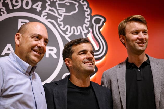 05 06 2026, Football, Bayer 04 Leverkusen, 1 Soccer Bundesliga, BayArena, Season 2026 2027 Press conference to introduce the new head coach Chairman Managing Director Fernando Carro Bayer04 Management alongside Carles Martinez Novell and Managing Director Simon Rolfes Bayer04 Management Welcome DFB regulations prohibit any use of photographs as image sequences and or quasi video Nordrhein Westfalen Germany