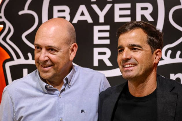 05 06 2026, Football, Bayer 04 Leverkusen, 1 Soccer Bundesliga, BayArena, Season 2026 2027 Press conference to introduce the new head coach Chairman Managing Director Fernando Carro Bayer04 Management alongside Carles Martinez Novell Welcoming speech DFB regulations prohibit any use of photographs as image sequences and or quasi video North Rhine-Westphalia Germany