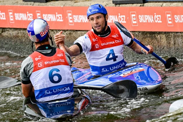 2026 ICF Canoe Slalom World Cup in Prague, Czech Republic, on June 5, 2026. Jakub Krejci, left, and Jiri Prskavec, both from Czechia. (CTKxPhoto RomanxVondrous) CTKPhotoP2026060505343  CTKPhotoP2026060505343