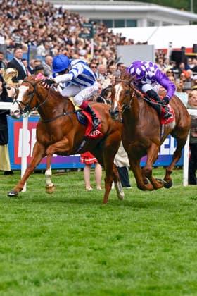05 06 2026, Epsom, Surrey, GBR Seagulls Eleven left with Oisin Murphy up wins the Diomed Stakes Epsom Downs racecourse horse, jockey, Seagulls Eleven, Murphy, win, finish, finish 260605C983EPSOM JPG