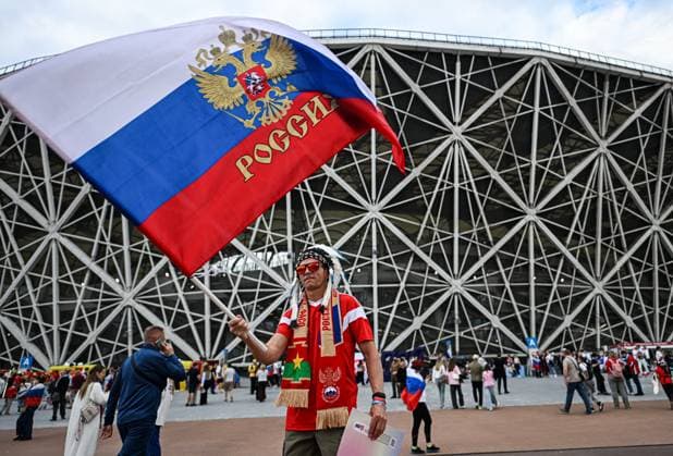 Russia Soccer Friendly Russia - Burkina Faso 9183180 05.06.2026 A Russia s fan poses before the friendly soccer match between Russia and Burkina Faso outside Volgograd Arena stadium, in Volgograd, Russia. Maksim Blinov Sputnik Volgograd Russia  Copyright: xMaksimxBlinovx