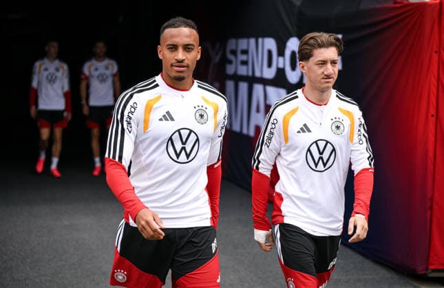 Soccer World Cup 2026 preparation Germany in Chicago 05 06 2026 Final training of the German national team at Solider Field Stadium before the test match against the USA Jamie Leweling left and Angelo Stiller right enter the stadium