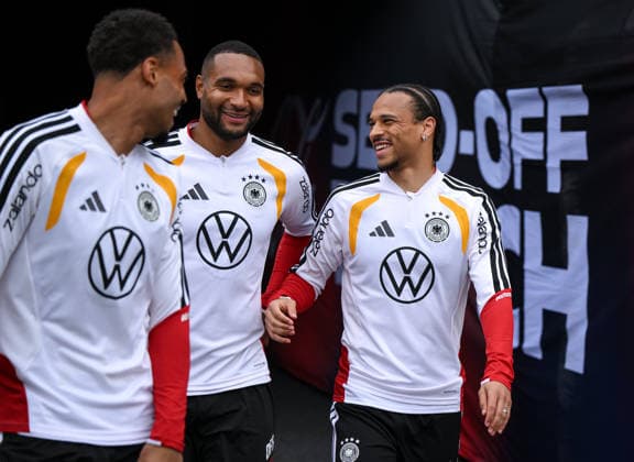 Soccer World Cup 2026 preparation Germany in Chicago 05 06 2026 Final training of the German national team at Solider Field Stadium before the test match against the USA Felix Nmecha, Jonathan Tah and Leroy Sane from left arrive at the stadium