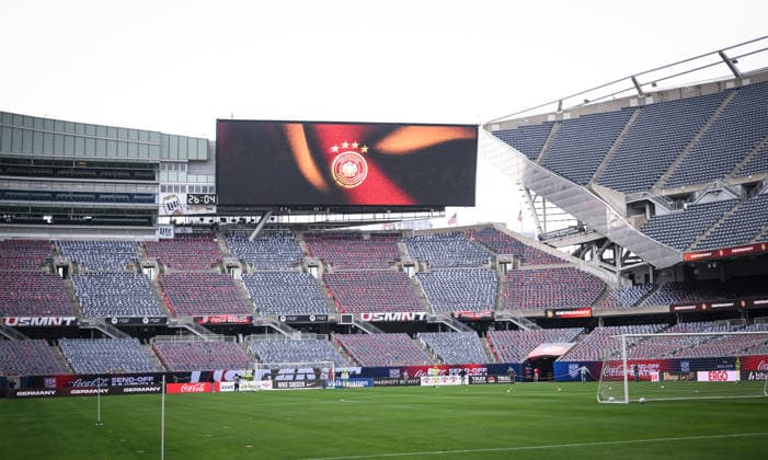 Soccer World Cup 2026 preparation Germany in Chicago 05 06 2026 Final training of the German national team at Solider Field Stadium before the test match against the USA Stadium overview with national team logo on the scoreboard
