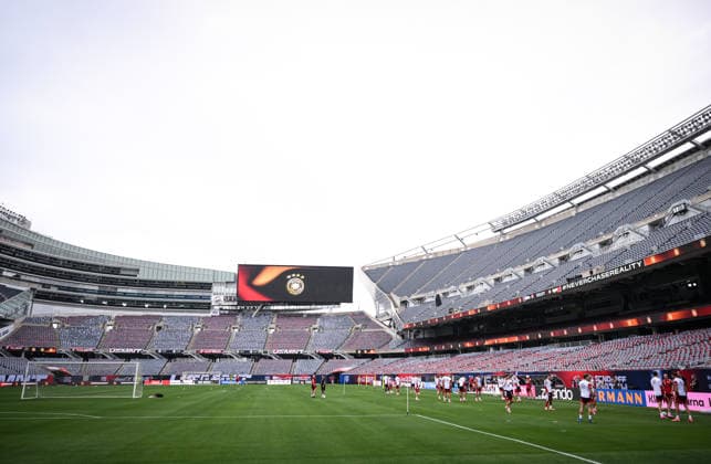 Soccer World Cup 2026 preparation Germany in Chicago 05 06 2026 Final training of the German national team at Solider Field Stadium before the test match against the USA Stadium overview with national team logo on the scoreboard