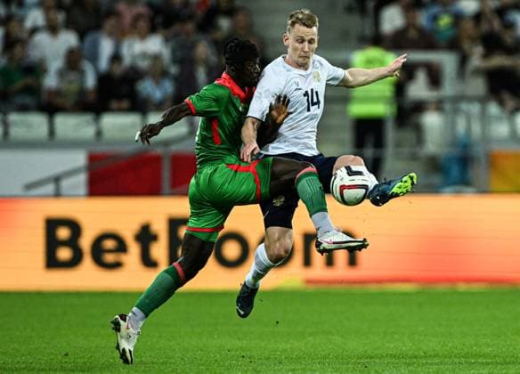 Russia Soccer Friendly Russia - Burkina Faso 9183237 05.06.2026 Burkina Faso s Georgi Minoungou and Russia s Viktor Melekhin struggle for a ball during the friendly soccer match between Russia and Burkina Faso at Volgograd Arena stadium, in Volgograd, Russia. Maksim Blinov Sputnik Volgograd Russia  Copyright: xMaksimxBlinovx