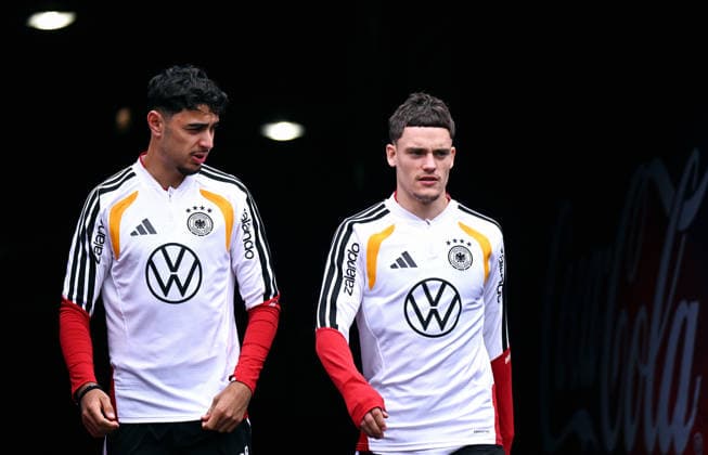 Football, international match, men, World Cup 2026, training of the German national team at Soldier Field, Chicago Aleksandar Pavlovic GER , Florian Wirtz GER
