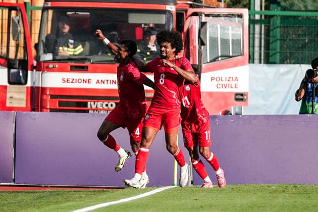 San Marino International Friendly 2025 2026 05 06 2026 San Marino vs Bangladesh San Marino Stadium Serravalle, San Marino Topu Barman Bangladesh cheer after scoring to make it 0 1 Copyright: xLUKAxKOLANOVICx