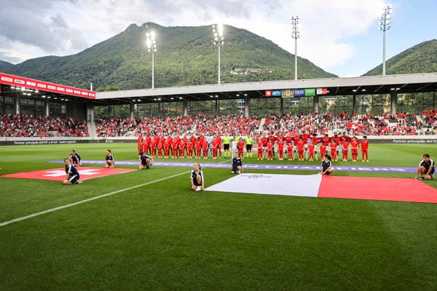 Switzerland and Malta before kick-off , Switzerland, Football, World Cup Qualification Europe Women, Matchday 5, 2026, Switzerland vs Malta, 05 06 2026, Lugano AIL Arena Switzerland Copyright: xGrantxHubbsx