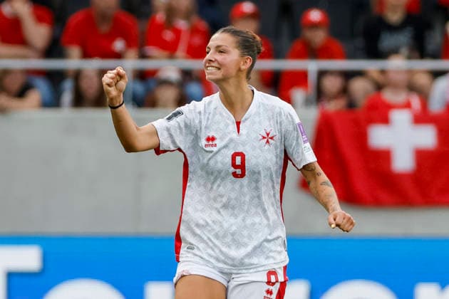 Goal celebration for Kailey Willis Malta, 09 after his goal for 1 1 , Switzerland, Football, World Cup Qualification Europe Women, Matchday 5, 2026, Switzerland vs Malta, 05 06 2026, Lugano AIL Arena Switzerland Copyright: xGrantxHubbsx