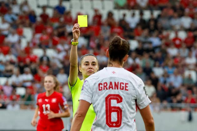 Oceane Grange Malta, 06 gets the yellow card from referee Kristina Georgieva BUL , Switzerland, Soccer, World Cup Qualification Europe Women, Matchday 5, 2026, Switzerland vs Malta, 05 06 2026, Lugano AIL Arena Switzerland Copyright: xGrantxHubbsx