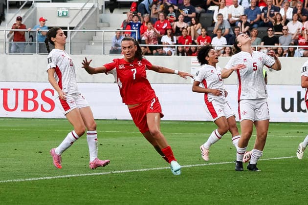 Goal celebration Switzerland at 3 1 by Riola Xhemaili Switzerland, 07 , Switzerland, Football, World Cup Qualification Europe Women, Matchday 5, 2026, Switzerland vs Malta, 05 06 2026, Lugano AIL Arena Switzerland Copyright: xGrantxHubbsx