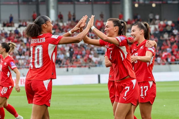 Goal celebration Switzerland at 3 1 by Riola Xhemaili Switzerland, 07 , Switzerland, Football, World Cup Qualification Europe Women, Matchday 5, 2026, Switzerland vs Malta, 05 06 2026, Lugano AIL Arena Switzerland Copyright: xGrantxHubbsx